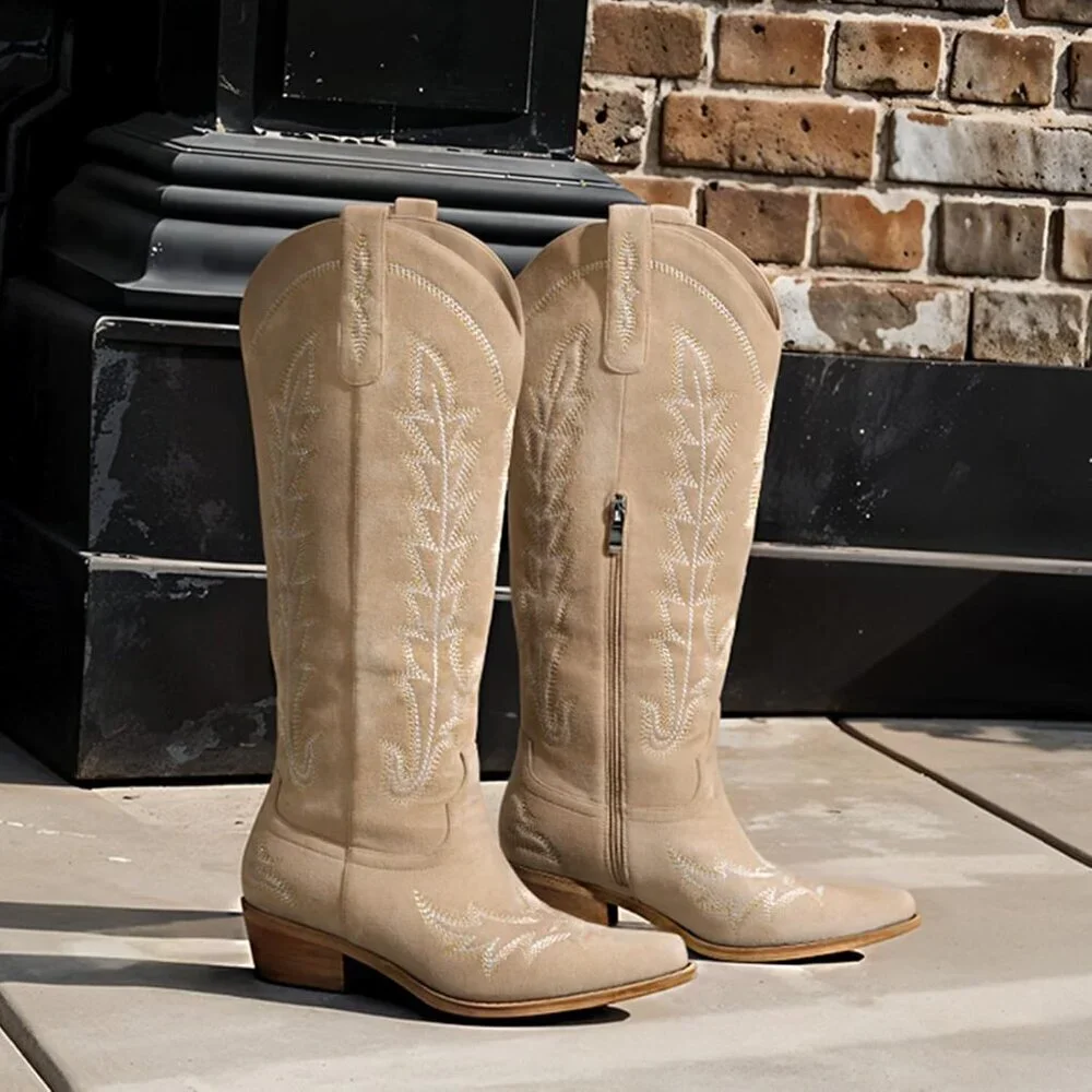 Women's Beige Suede Knee High Pointed Toe Chunky Heel Pull On Zipper Cowboy Boot